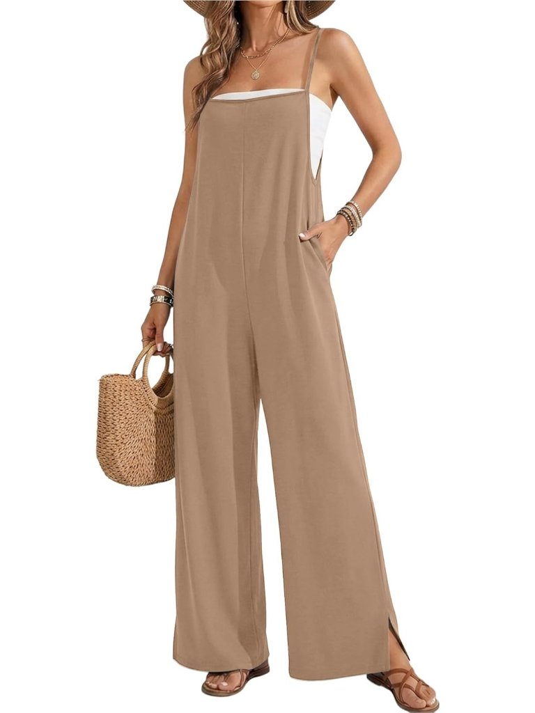 Women's Jumpsuits Khaki Casual Summer Wide Leg Sleeveless Rompers With Pockets